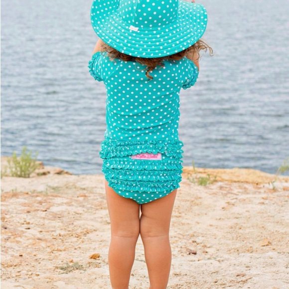 Aqua Ruffle Butts Polka Dot Ruffled Rash Guard Bikini - Picture 3 of 5